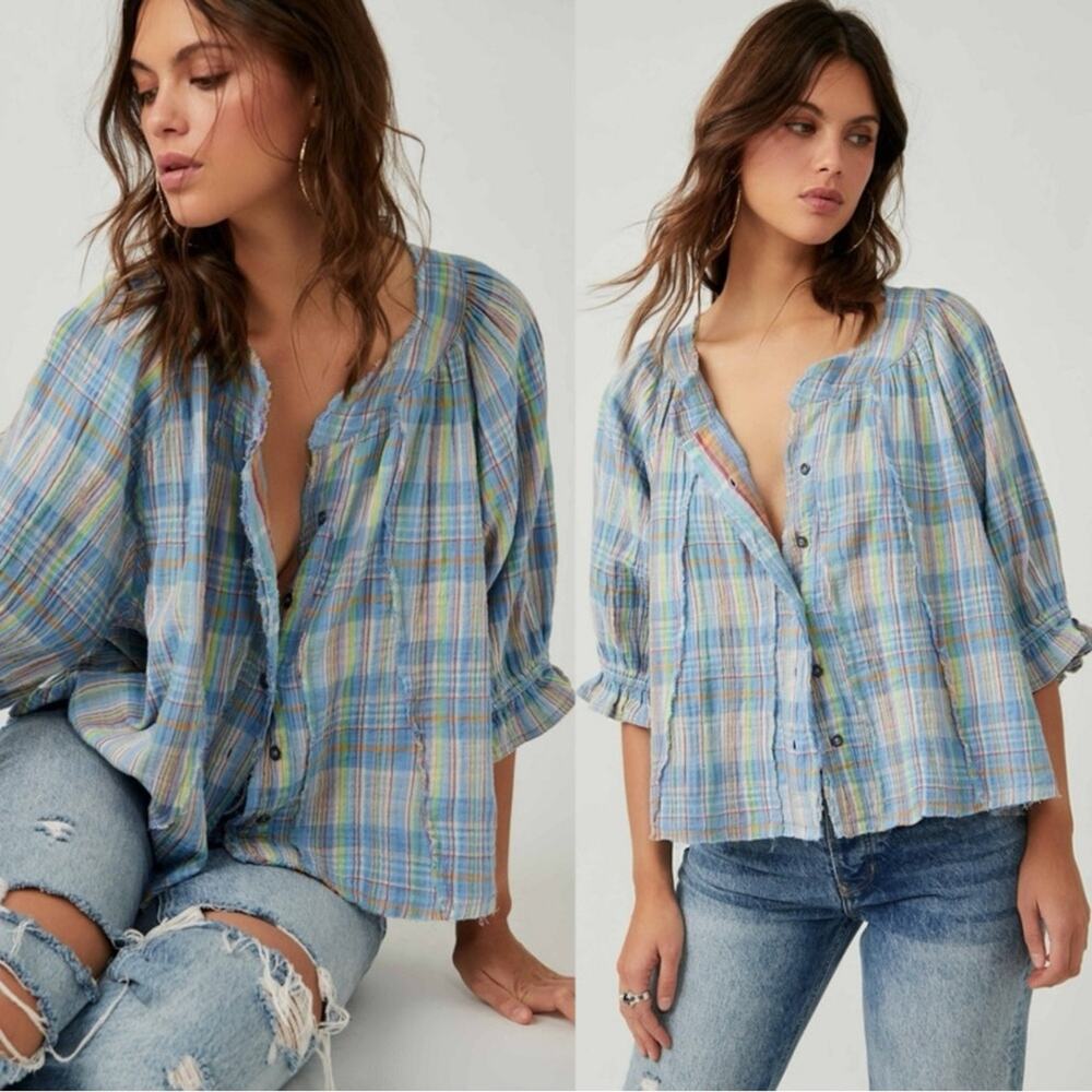 Free People Blue Plaid Button-Front Peasant Blouse